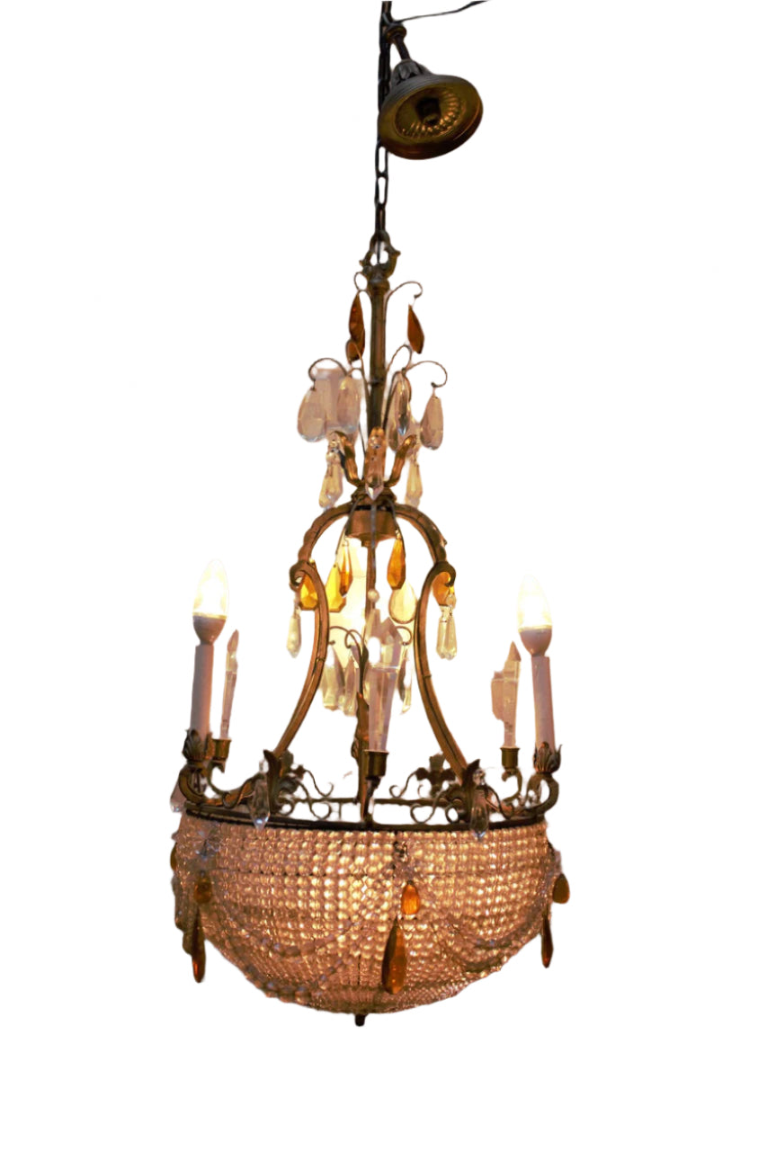 Antique French Victorian Chandelier With a Crystal Beaded Bowl