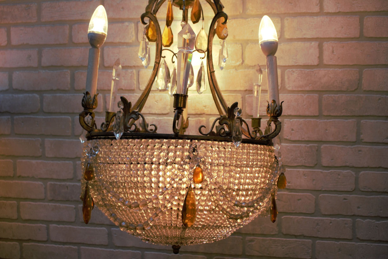 Antique French Victorian Chandelier With a Crystal Beaded Bowl