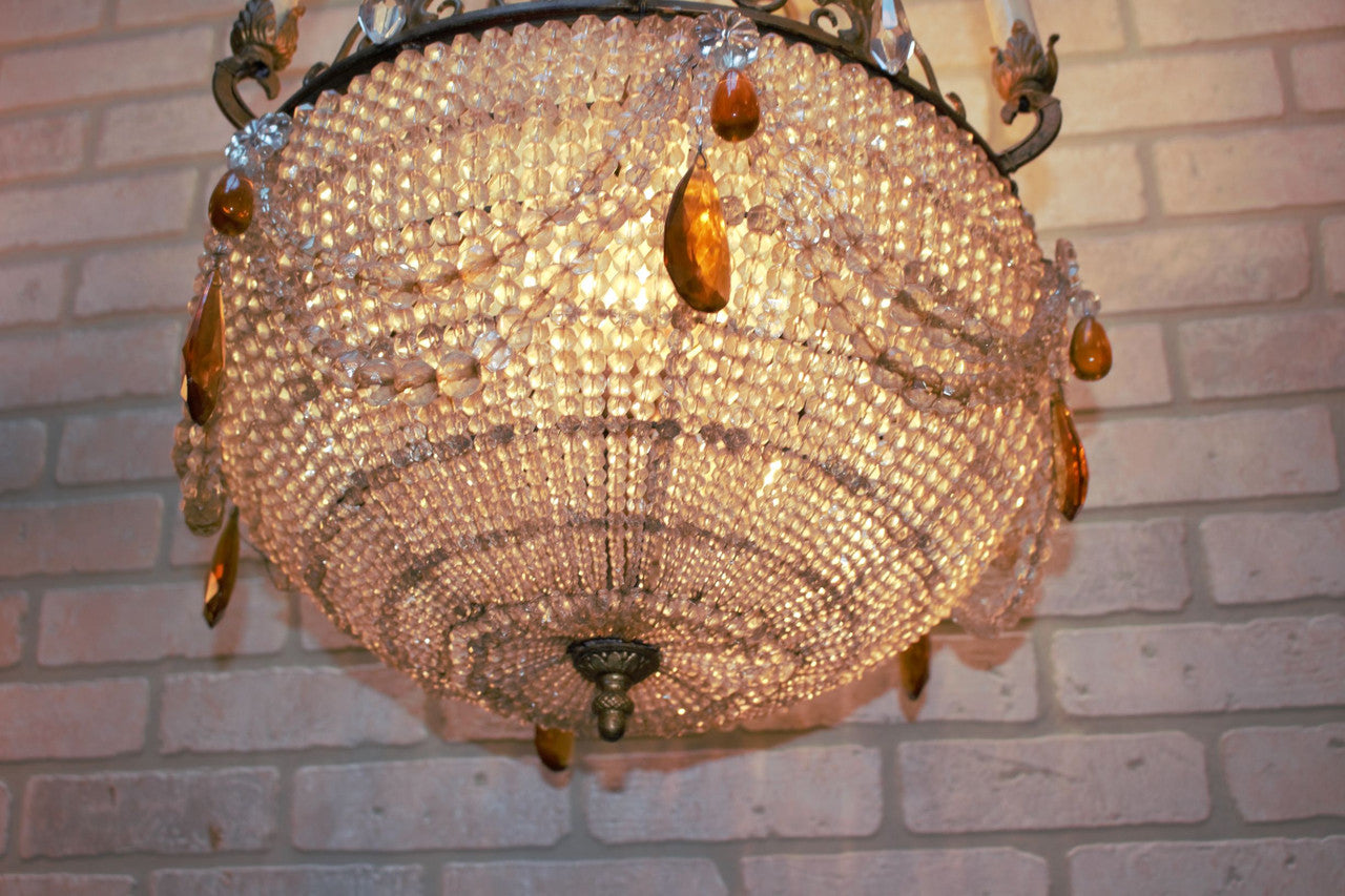 Antique French Victorian Chandelier With a Crystal Beaded Bowl