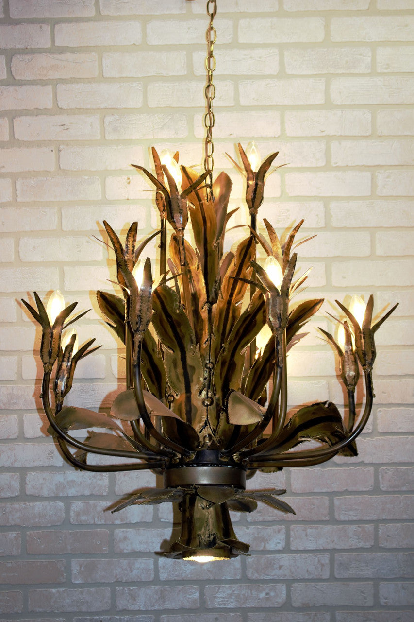 Mid Century Tom Greene Brutalist Torched Brass Chandelier