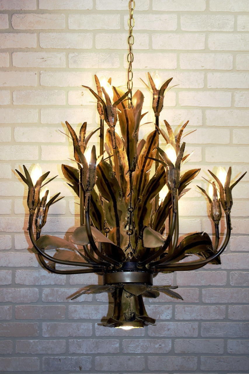 Mid Century Tom Greene Brutalist Torched Brass Chandelier