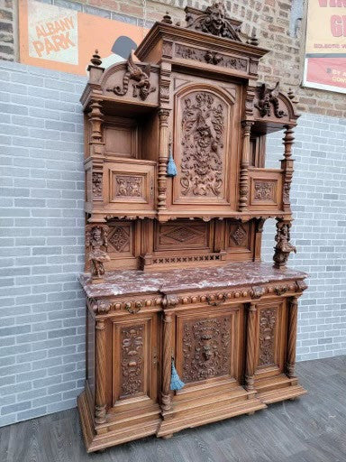 Antique French Gothic Style Carved Ornate Figural Walnut Chateau Cabinet