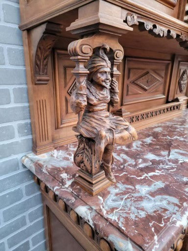 Antique French Gothic Style Carved Ornate Figural Walnut Chateau Cabinet
