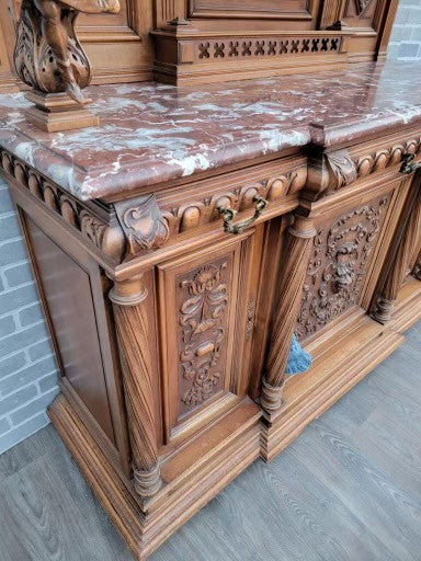 Antique French Gothic Style Carved Ornate Figural Walnut Chateau Cabinet