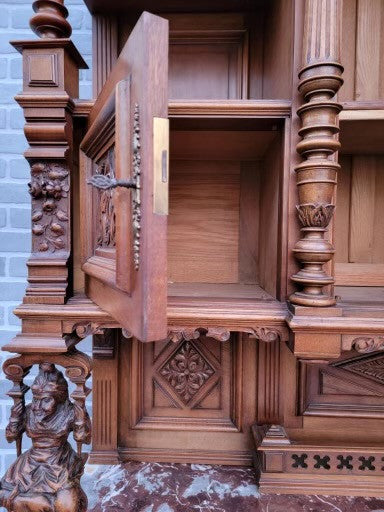 Antique French Gothic Style Carved Ornate Figural Walnut Chateau Cabinet
