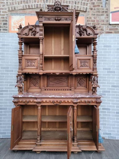 Antique French Gothic Style Carved Ornate Figural Walnut Chateau Cabinet
