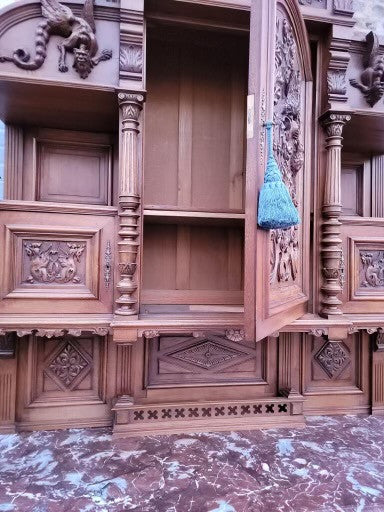 Antique French Gothic Style Carved Ornate Figural Walnut Chateau Cabinet