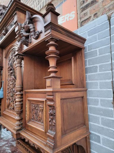 Antique French Gothic Style Carved Ornate Figural Walnut Chateau Cabinet