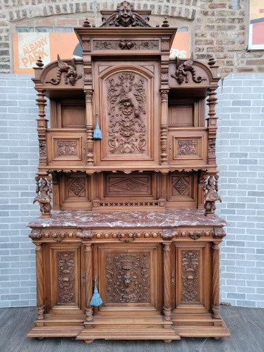 Antique French Gothic Style Carved Ornate Figural Walnut Chateau Cabinet