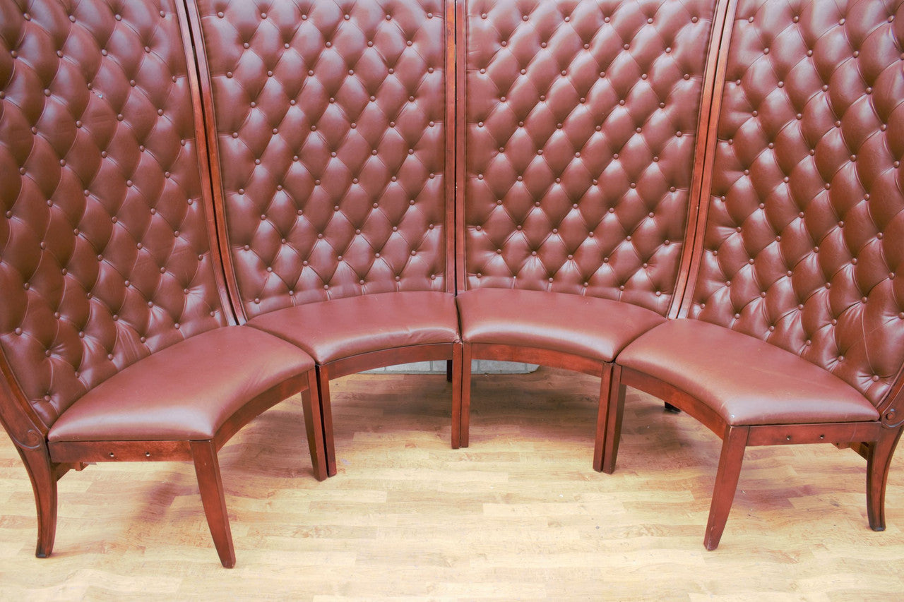 Vintage Asian Custom Semi Circular Tea Booth in Mahogany and Tufted Leather - Set of 2