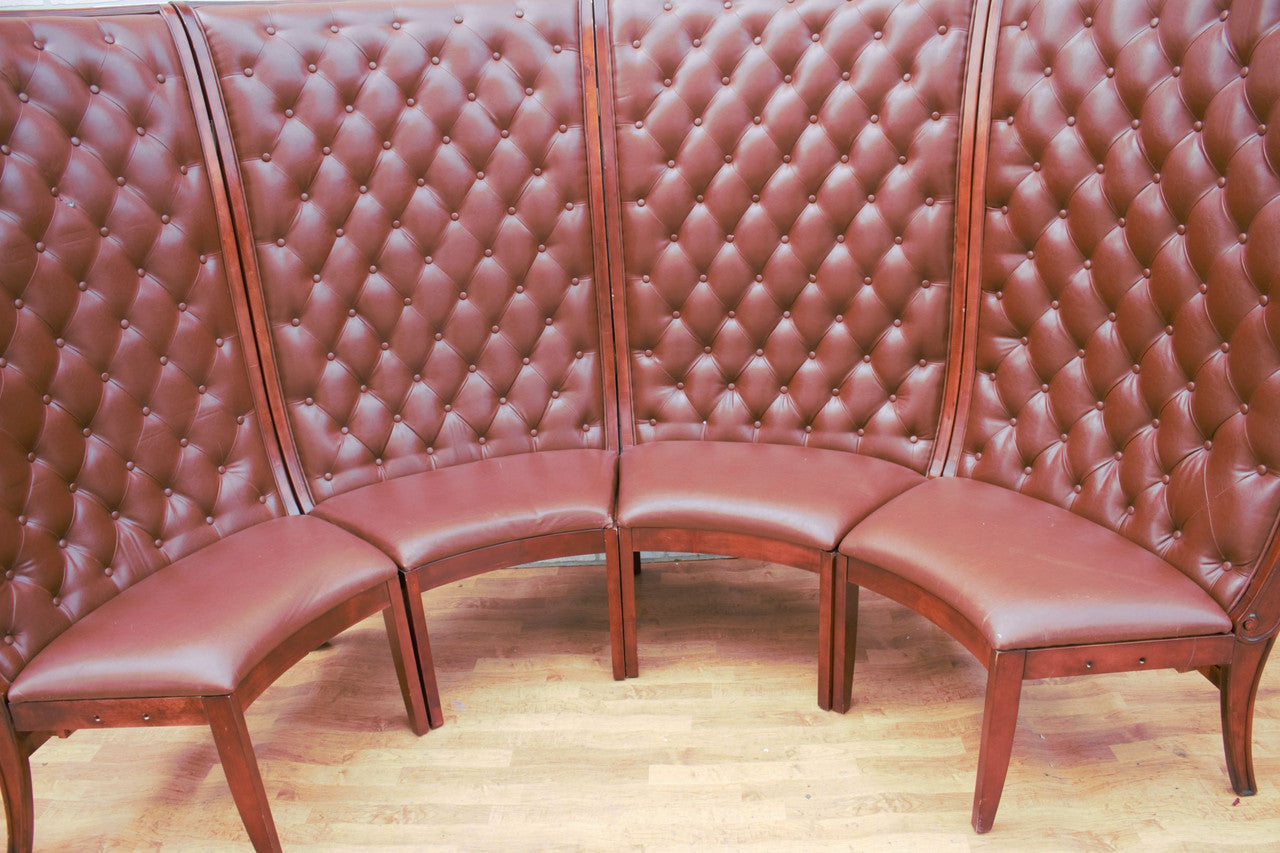 Vintage Asian Custom Semi Circular Tea Booth in Mahogany and Tufted Leather - Set of 2