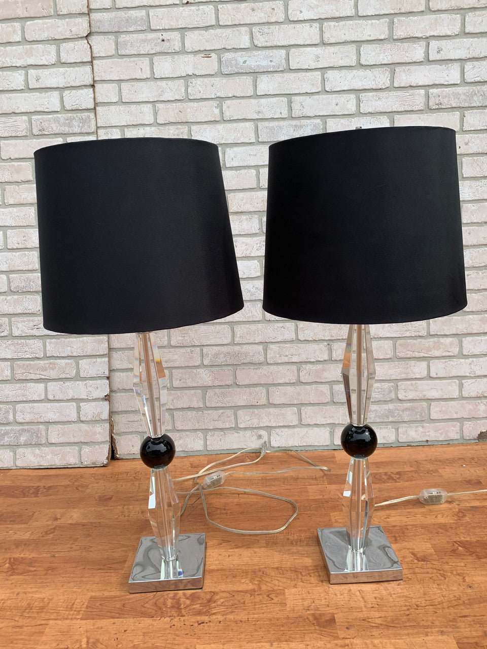 Crystal and Lacquer Ball Table Lamps with Black Shades - Pair