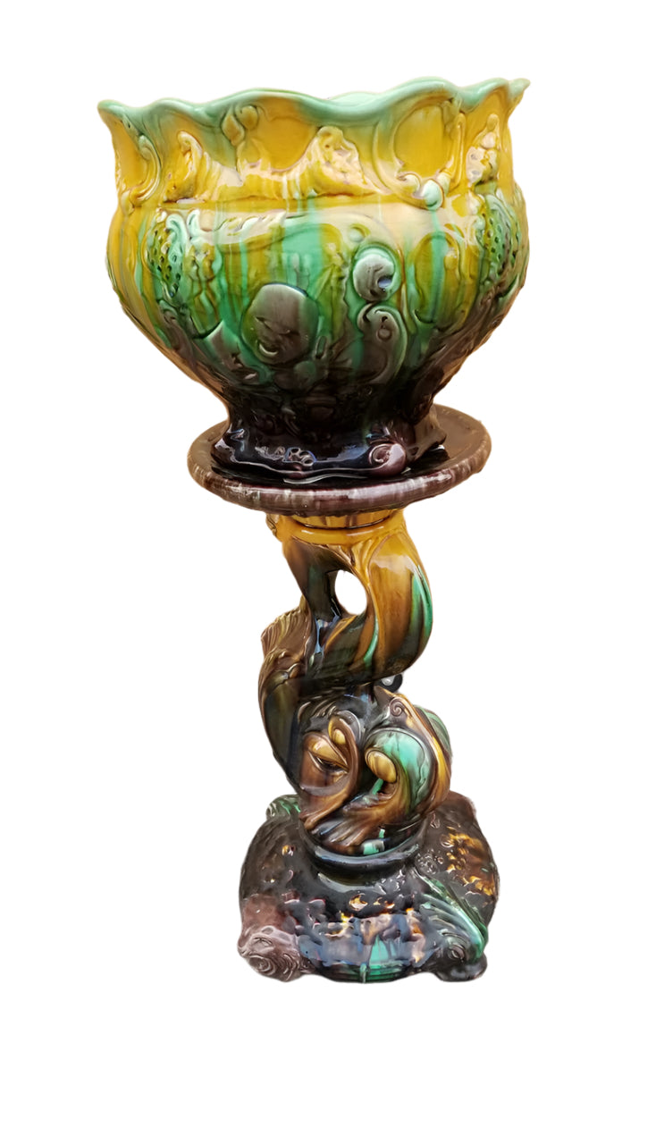 Vintage Weller Majolica Pottery Jardiniere & Pedestal Set