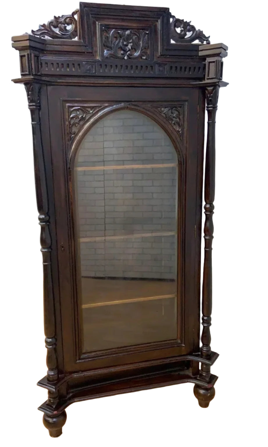 Antique French Carved Oak Glass Front Vitrine Display Cabinet