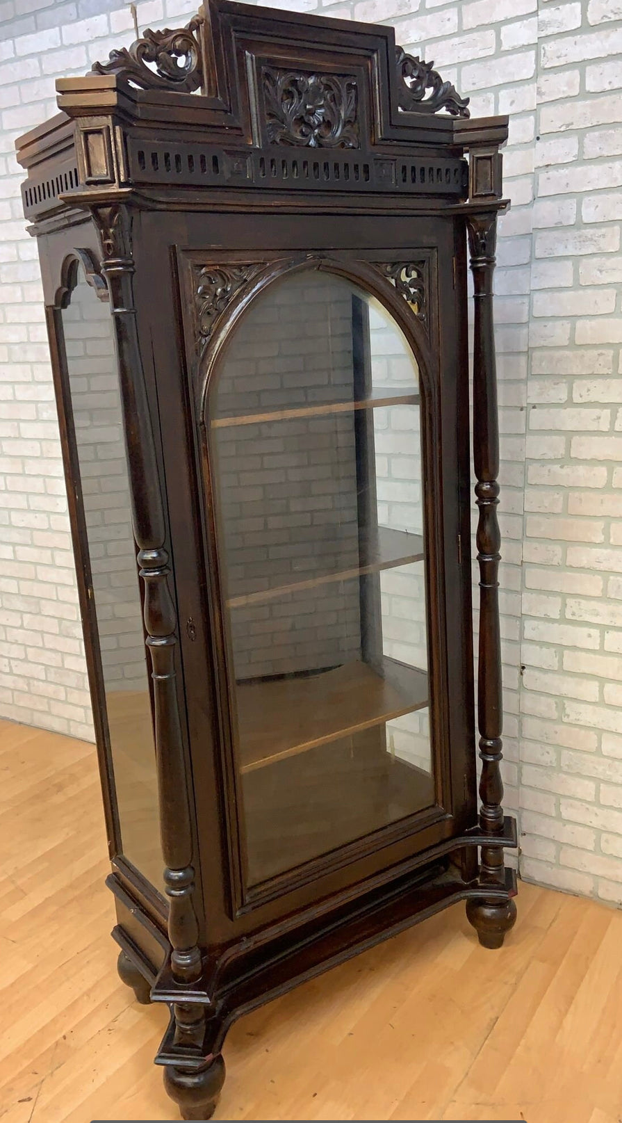 Antique French Carved Oak Glass Front Vitrine Display Cabinet