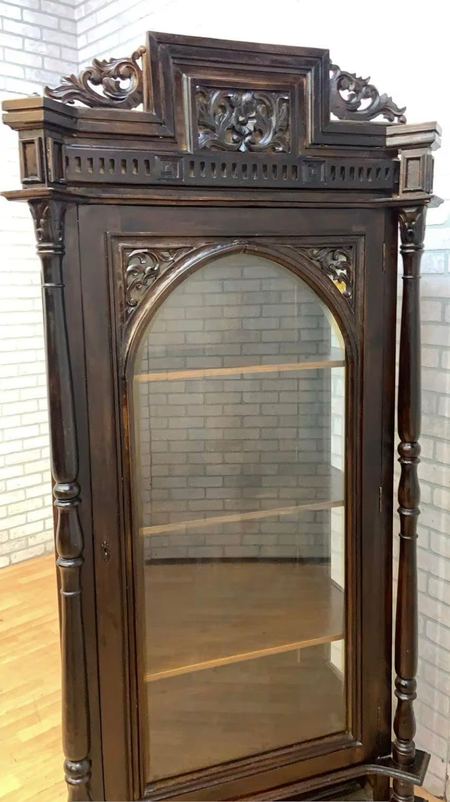 Antique French Carved Oak Glass Front Vitrine Display Cabinet