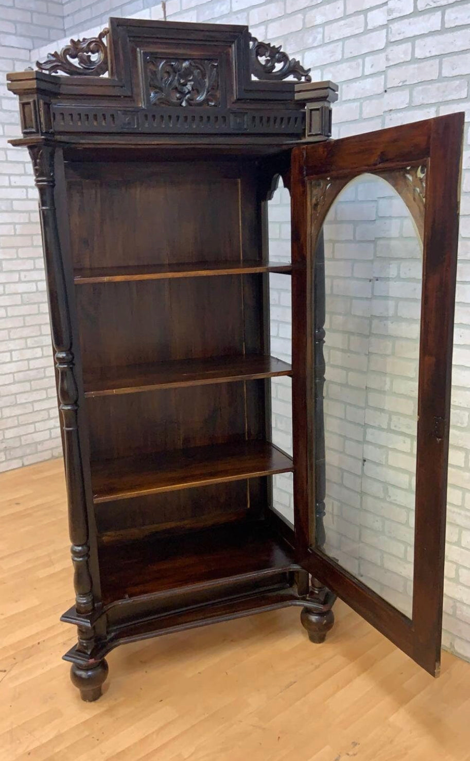 Antique French Carved Oak Glass Front Vitrine Display Cabinet