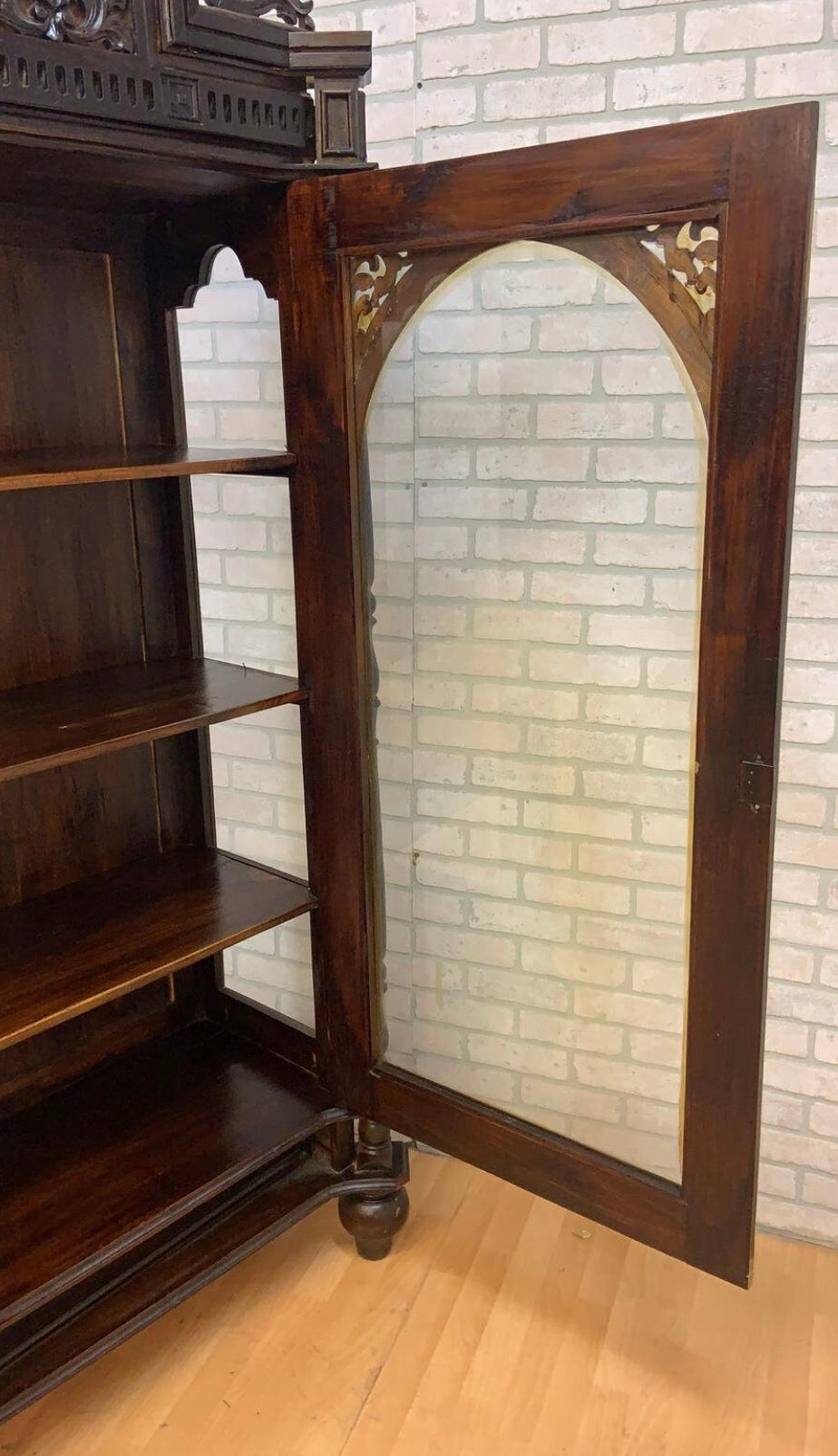 Antique French Carved Oak Glass Front Vitrine Display Cabinet
