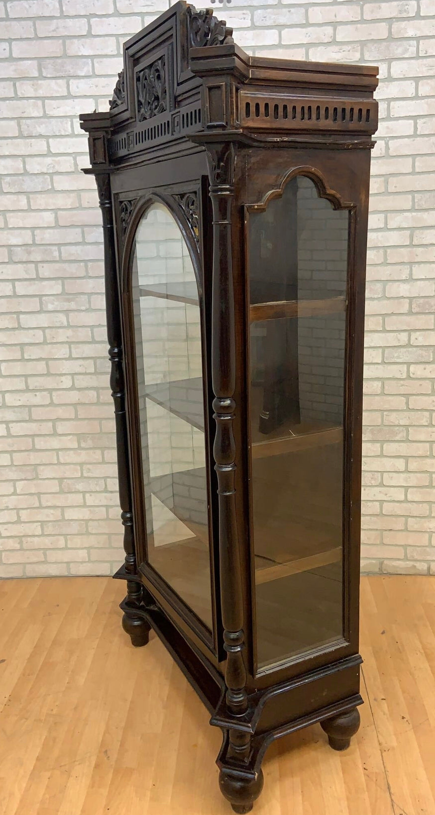 Antique French Carved Oak Glass Front Vitrine Display Cabinet