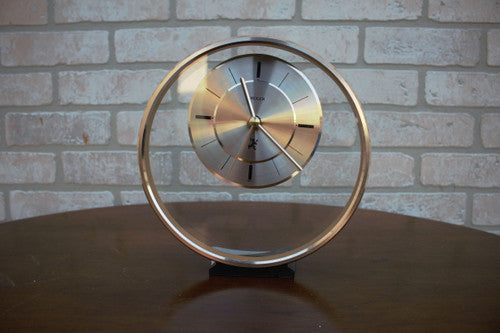 Mid Century Modern Kruger Floating Lucite Gold Round Mantel Clock