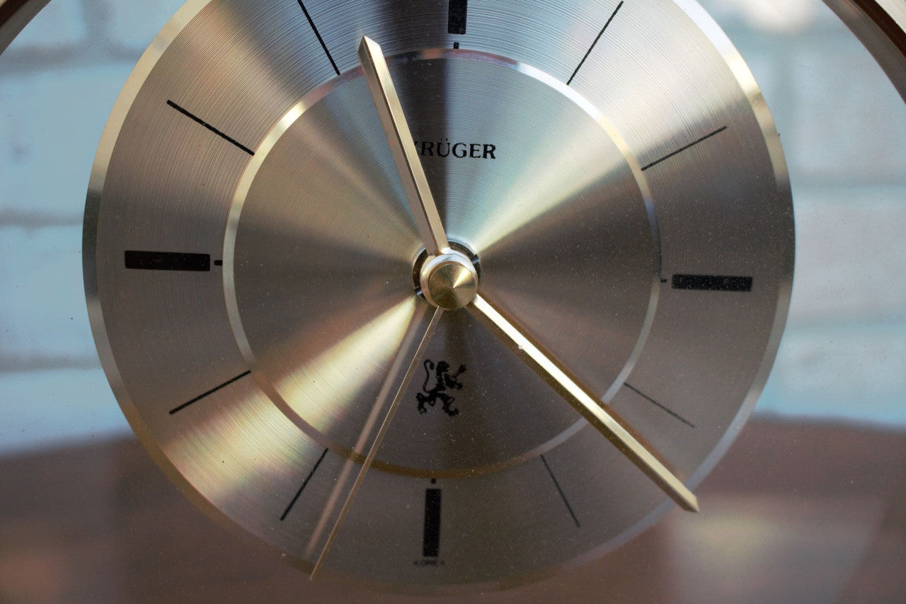 Mid Century Modern Kruger Floating Lucite Gold Round Mantel Clock