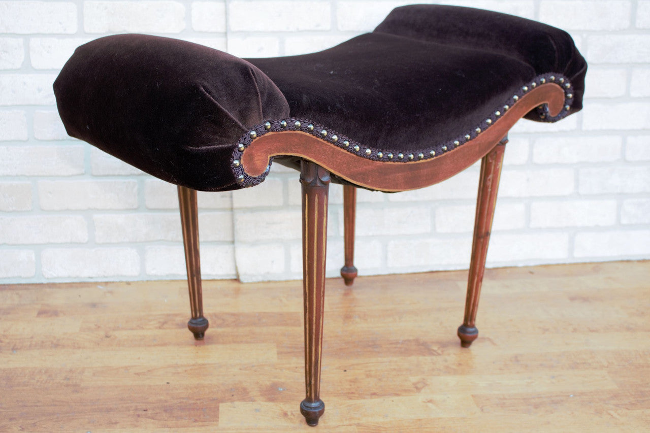 Antique Louis Puffed Scrolled Arm Fluted Mahogany Legged Boudoir Ottoman Newly Upholstered