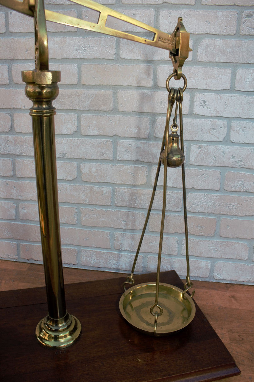 Antique English Victorian Solid Brass W&T Avery of Birmingham Wood Mounted Weighing Scale
