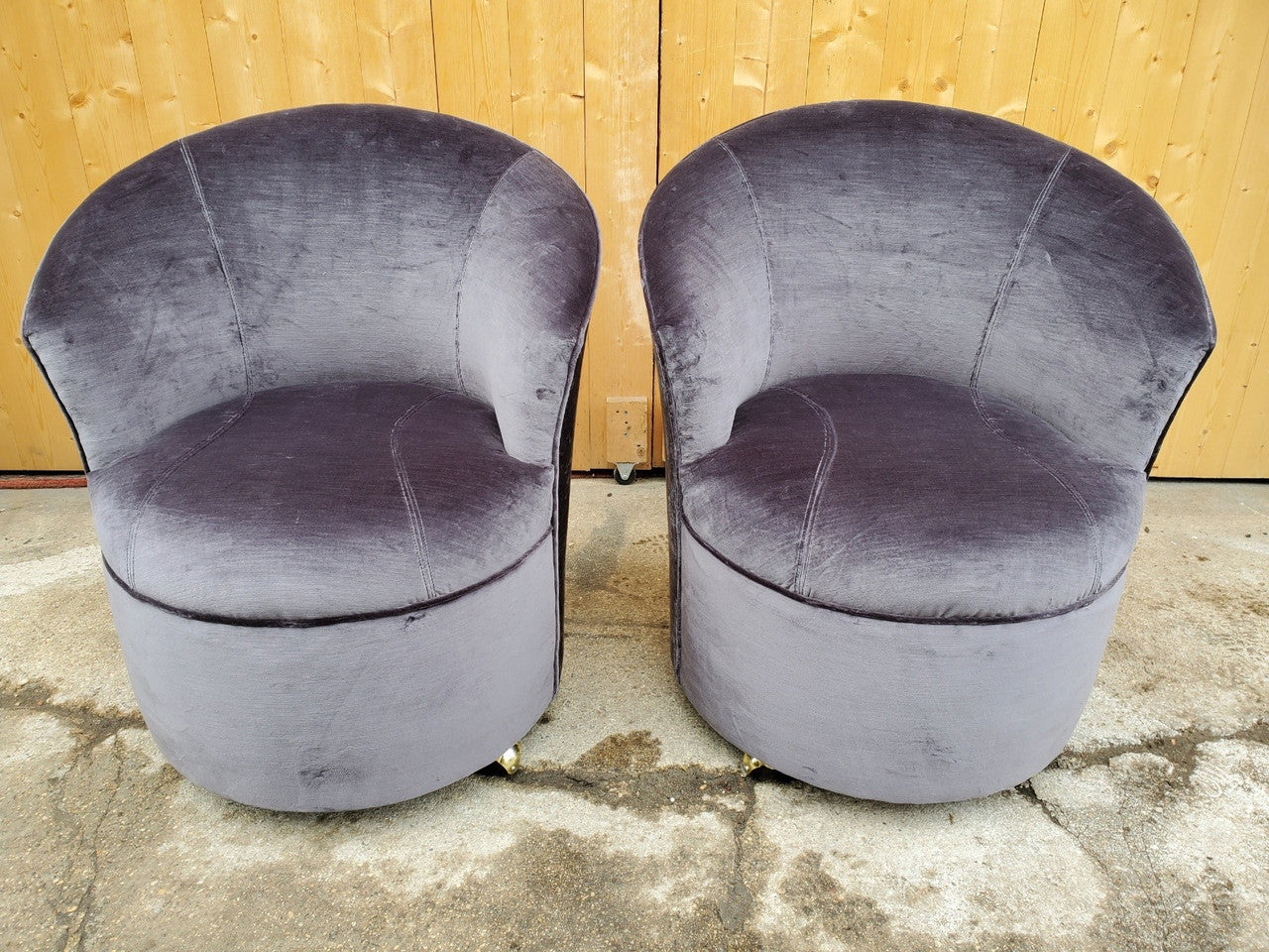 Mid Century Modern Sculptural Barrel Back Chairs on Casters Newly Upholstered in Black Velvet - Pair
