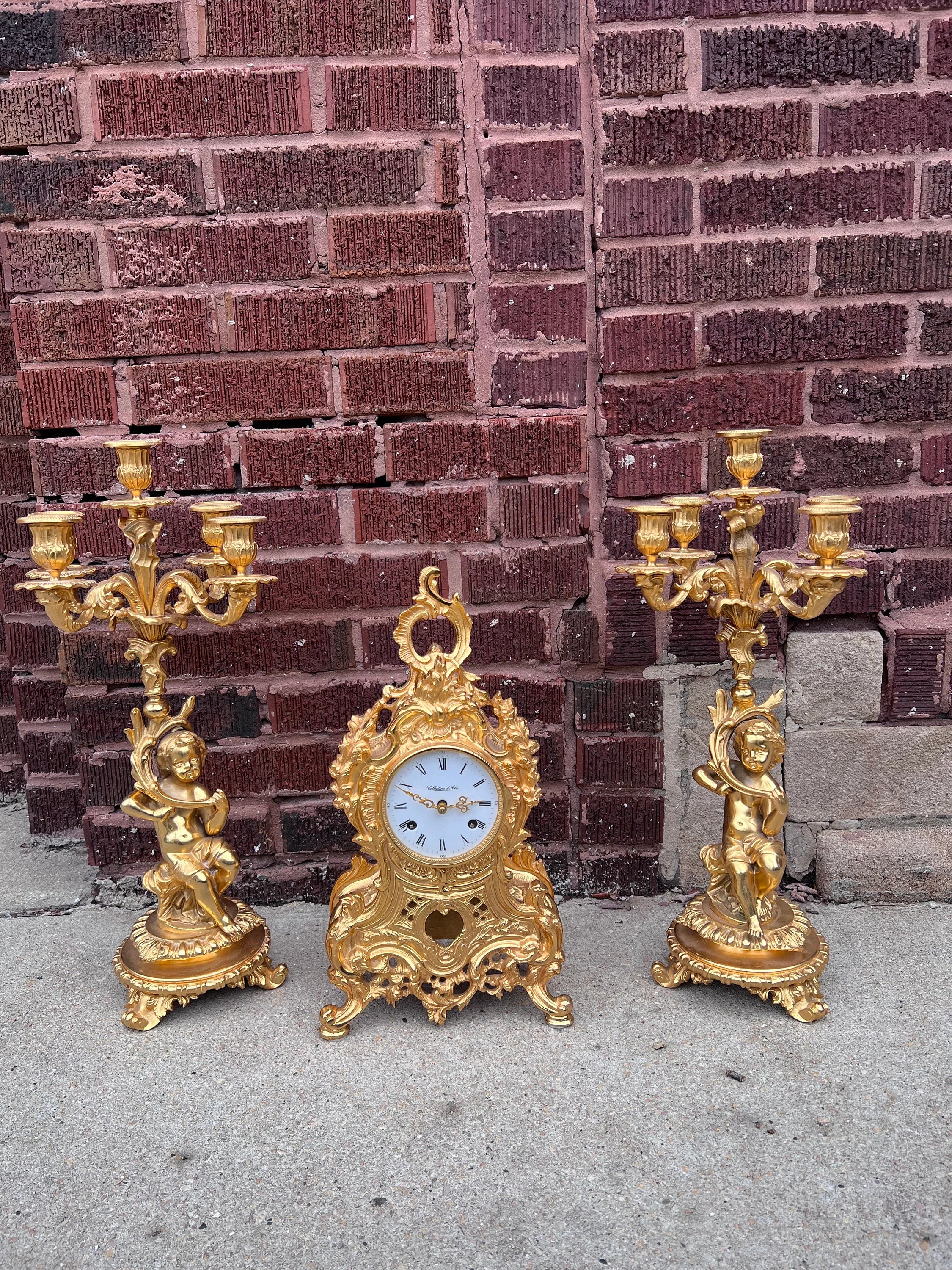 Vintage Italian Roman Style Ornate Mantel Clock with Two Figural Cherub Candelabras - Garniture Set