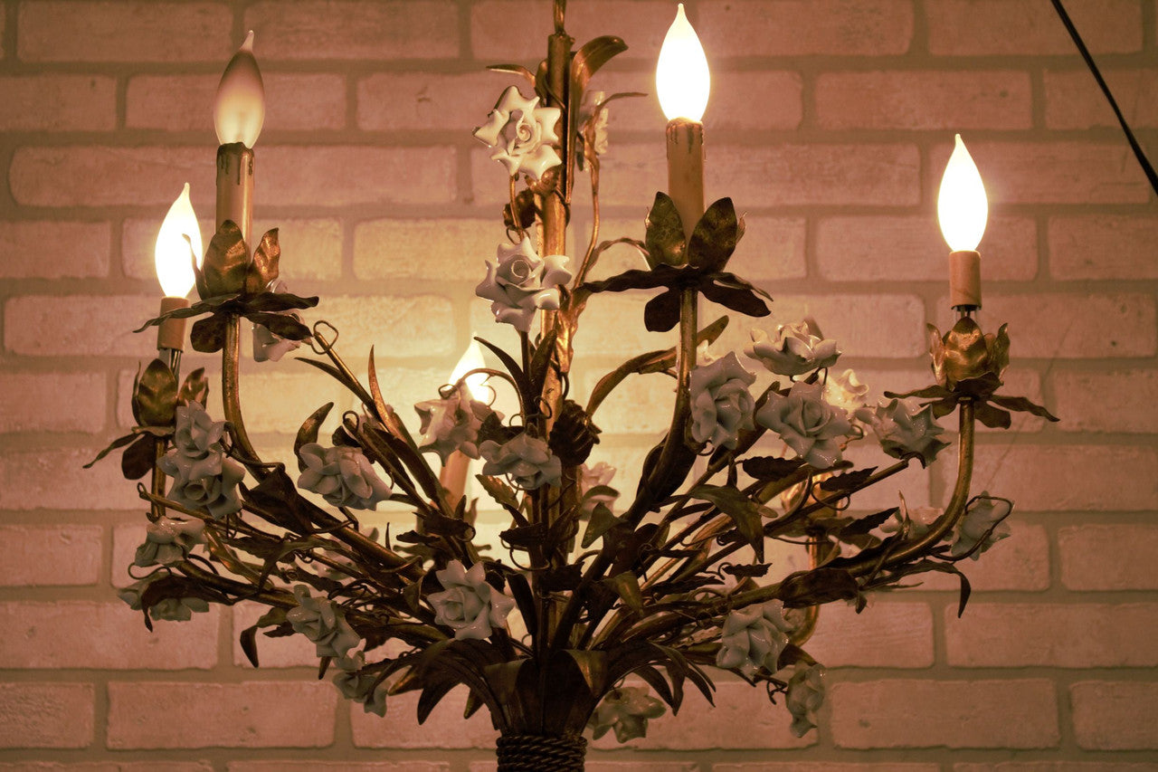 Hollywood Regency Italian Gold Gilt Tole White Porcelain Roses Chandelier