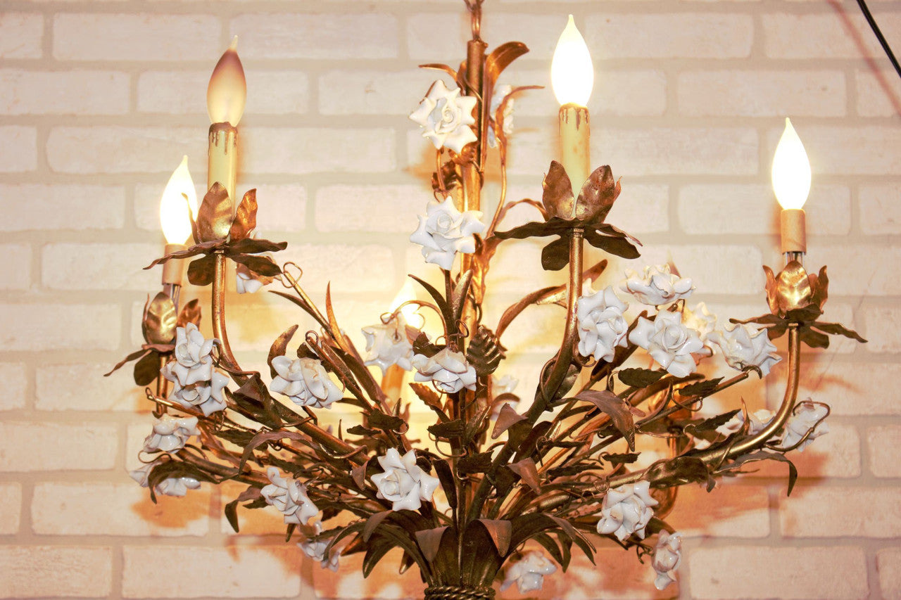 Hollywood Regency Italian Gold Gilt Tole White Porcelain Roses Chandelier