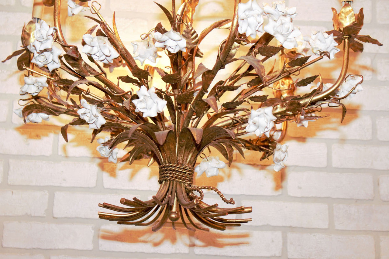Hollywood Regency Italian Gold Gilt Tole White Porcelain Roses Chandelier