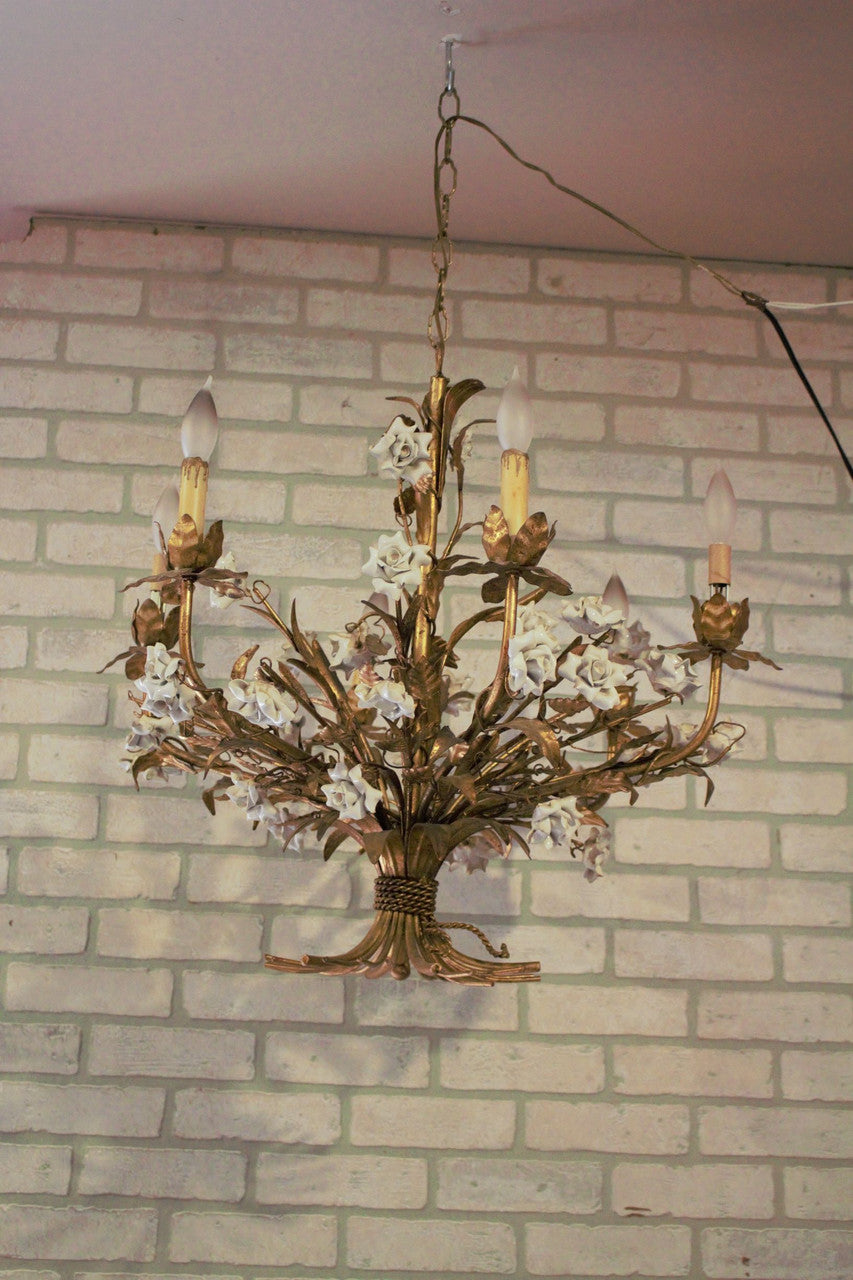 Hollywood Regency Italian Gold Gilt Tole White Porcelain Roses Chandelier