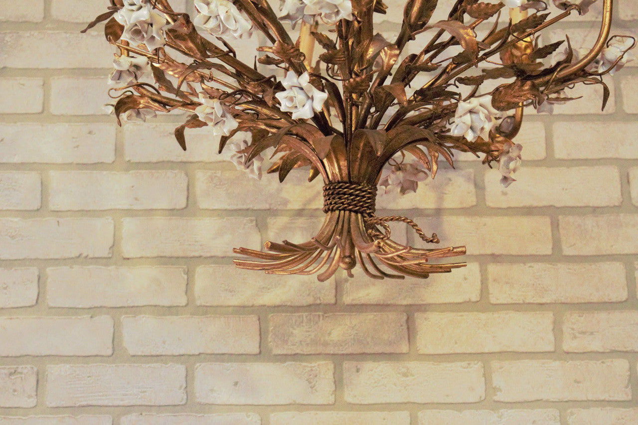 Hollywood Regency Italian Gold Gilt Tole White Porcelain Roses Chandelier