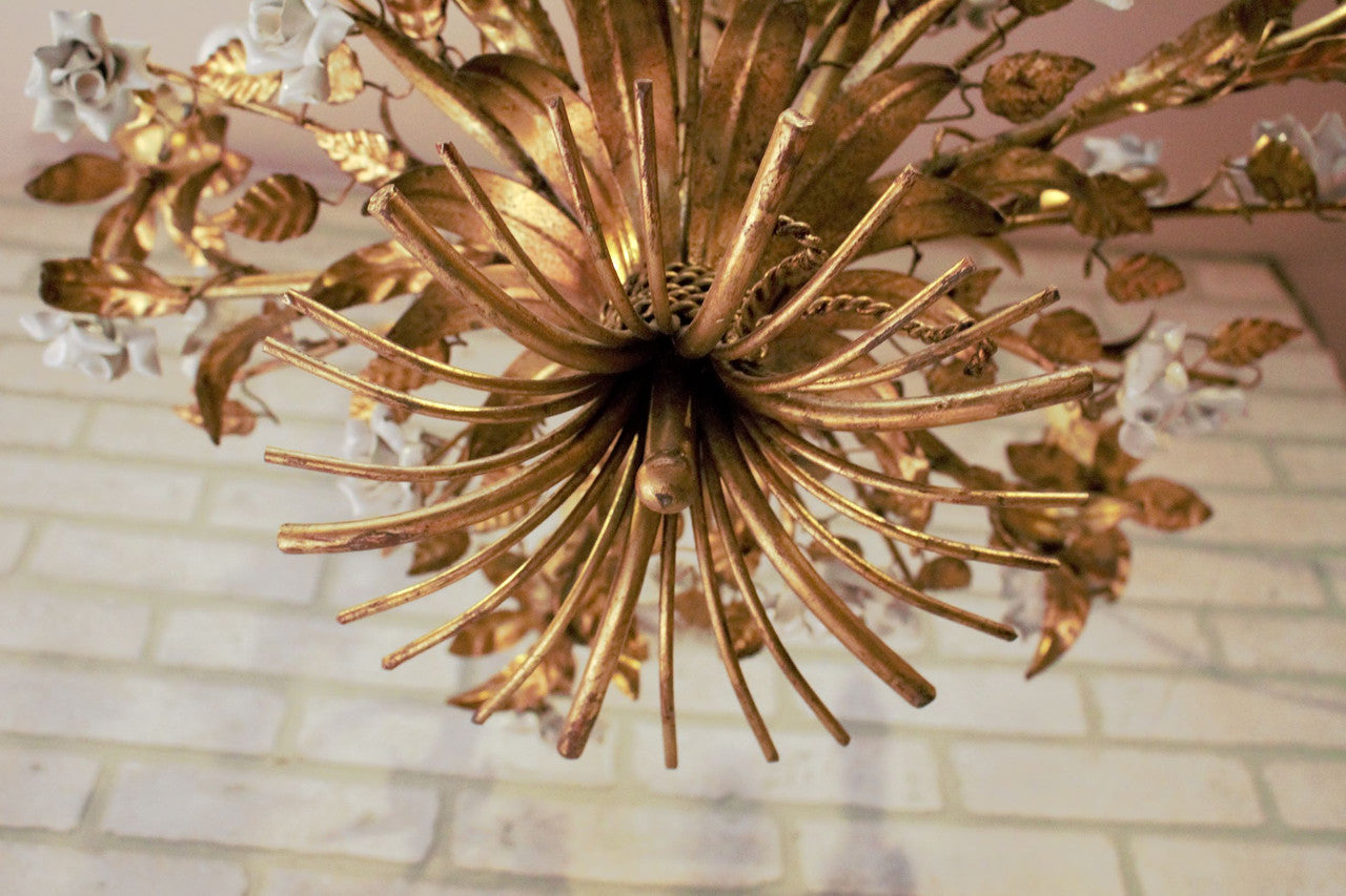 Hollywood Regency Italian Gold Gilt Tole White Porcelain Roses Chandelier