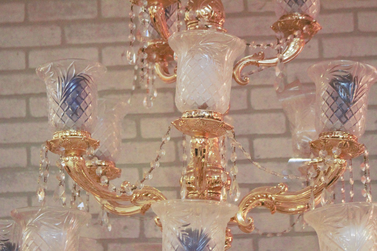 Antique Victorian Three Tier Brass with Cut Crystal Shades Chandelier