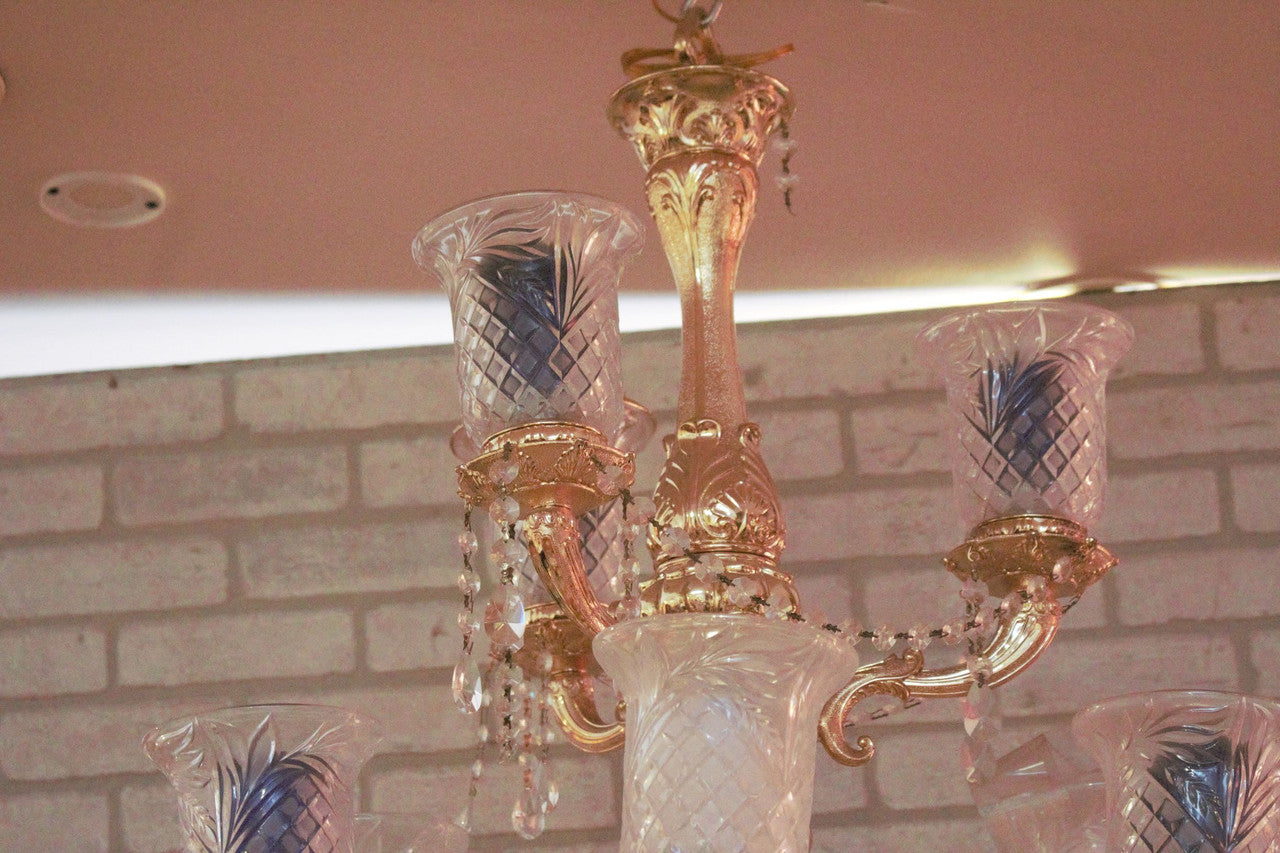 Antique Victorian Three Tier Brass with Cut Crystal Shades Chandelier