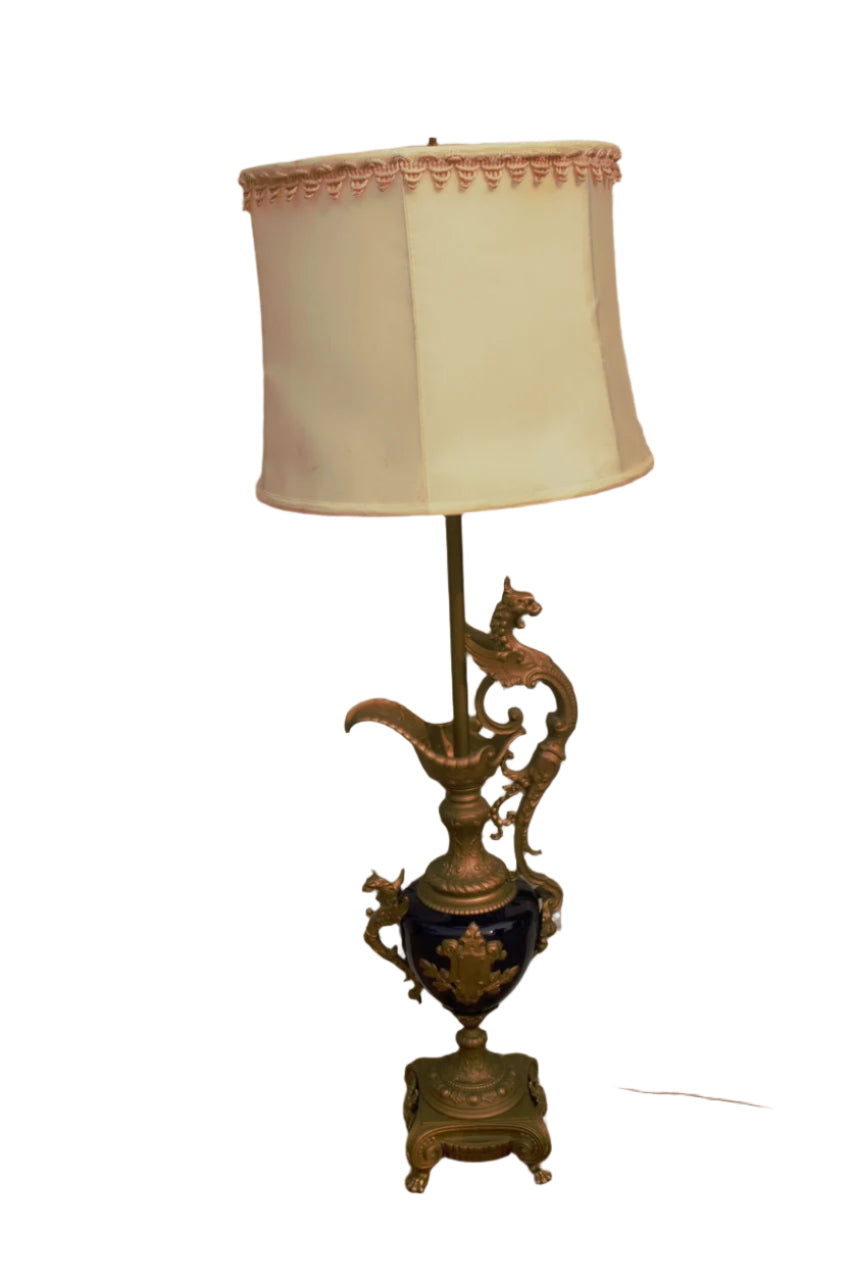 Antique Art Nouveau Victorian French Bronze Figural Ornate Cobalt Blue Table Lamp