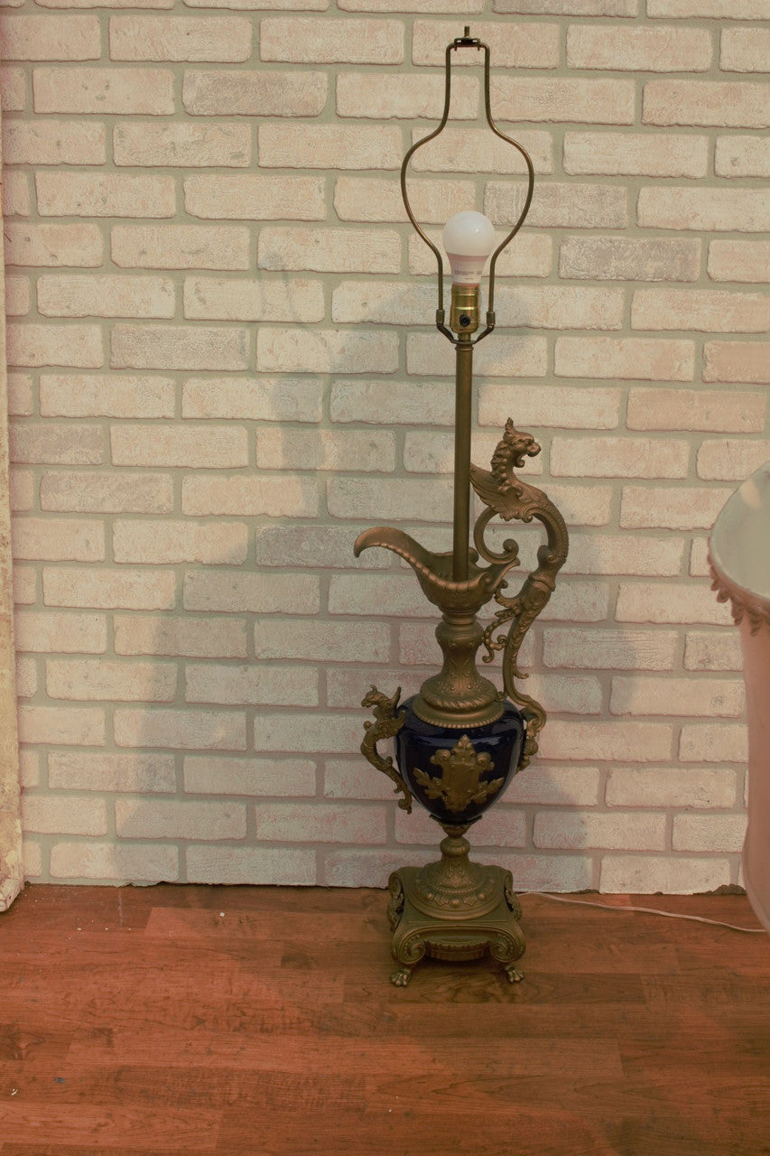 Antique Art Nouveau Victorian French Bronze Figural Ornate Cobalt Blue Table Lamp