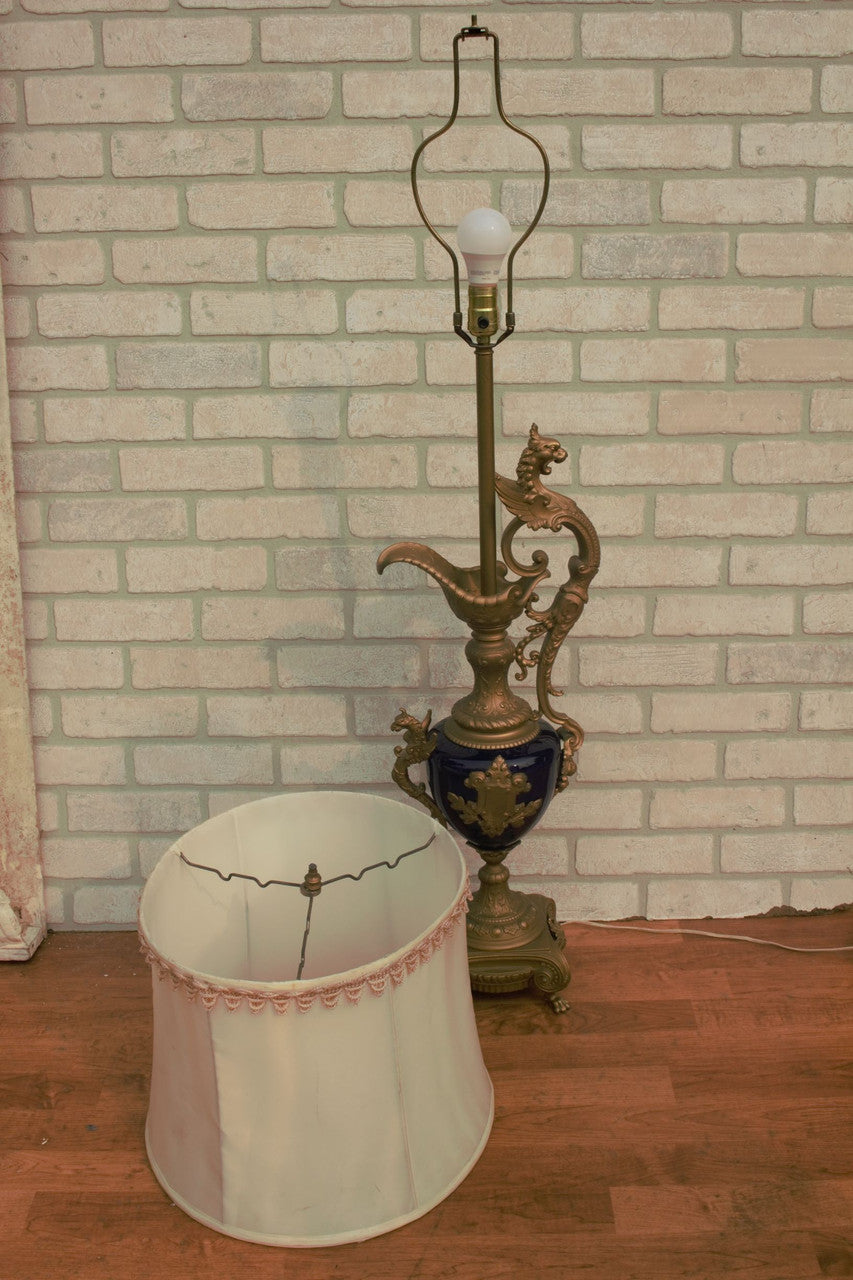 Antique Art Nouveau Victorian French Bronze Figural Ornate Cobalt Blue Urn as Table Lamp with Shade