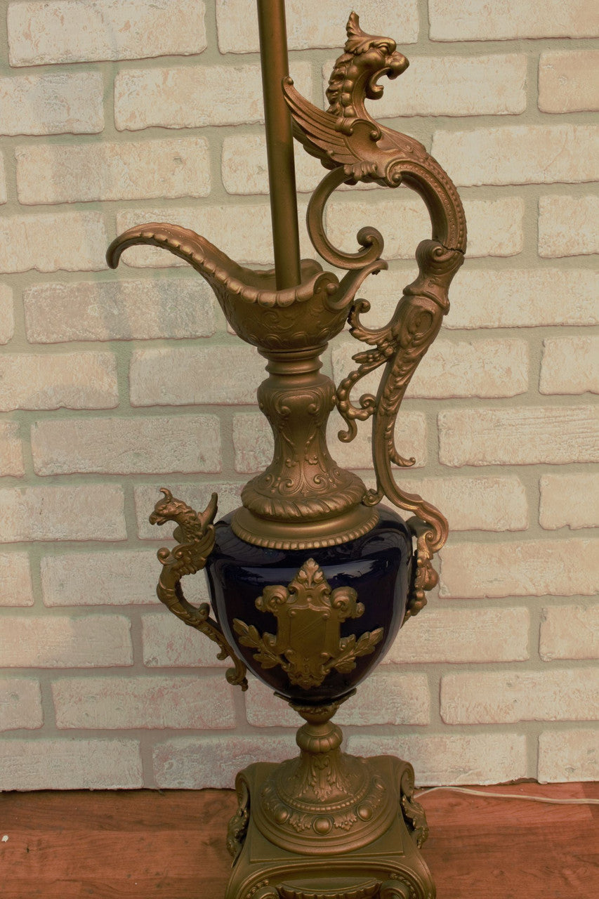 Antique Art Nouveau Victorian French Bronze Figural Ornate Cobalt Blue Urn as Table Lamp with Shade