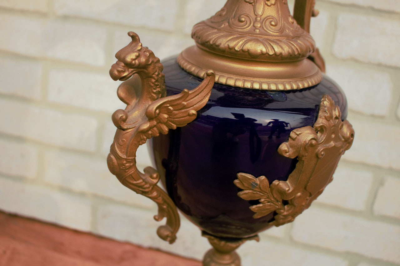 Antique Art Nouveau Victorian French Bronze Figural Ornate Cobalt Blue Table Lamp