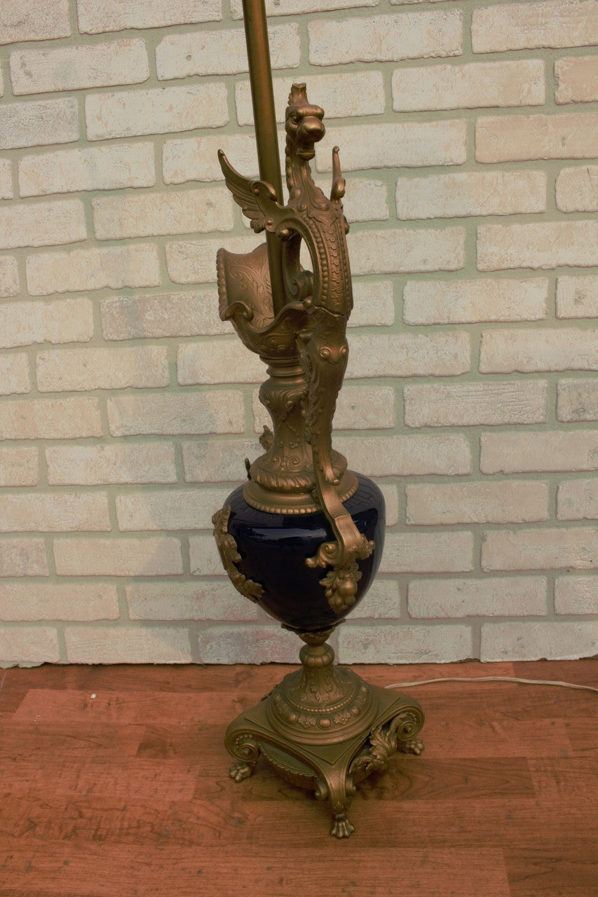 Antique Art Nouveau Victorian French Bronze Figural Ornate Cobalt Blue Urn as Table Lamp with Shade