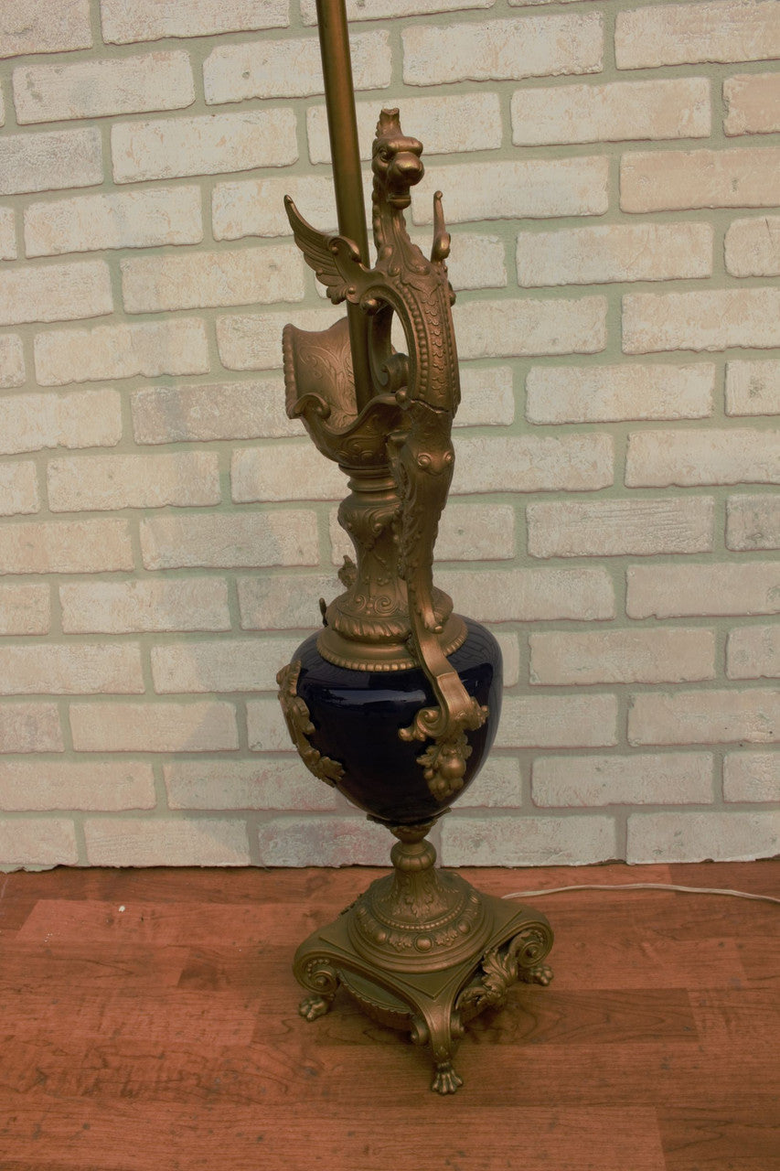Antique Art Nouveau Victorian French Bronze Figural Ornate Cobalt Blue Table Lamp