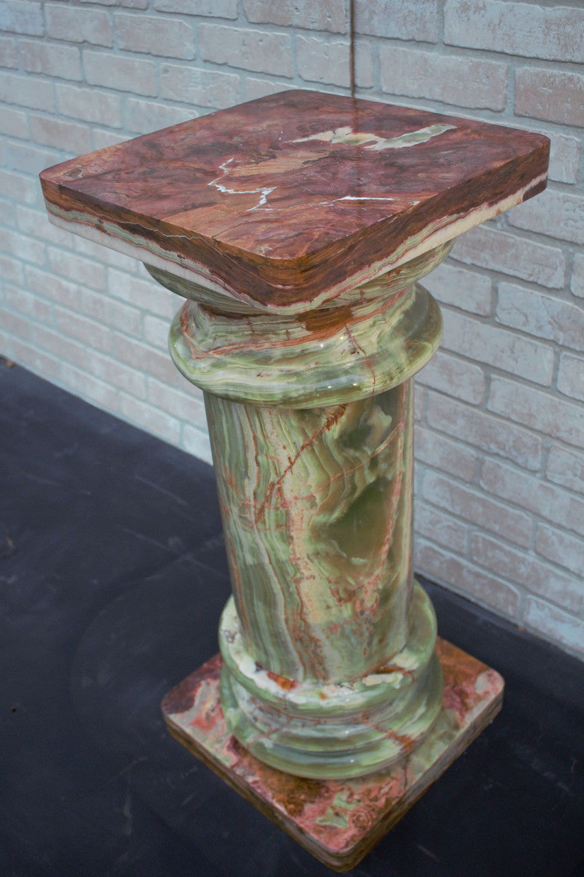 Italian Style Green Onyx Classical Column Pedestal Stand Side Tables - Pair