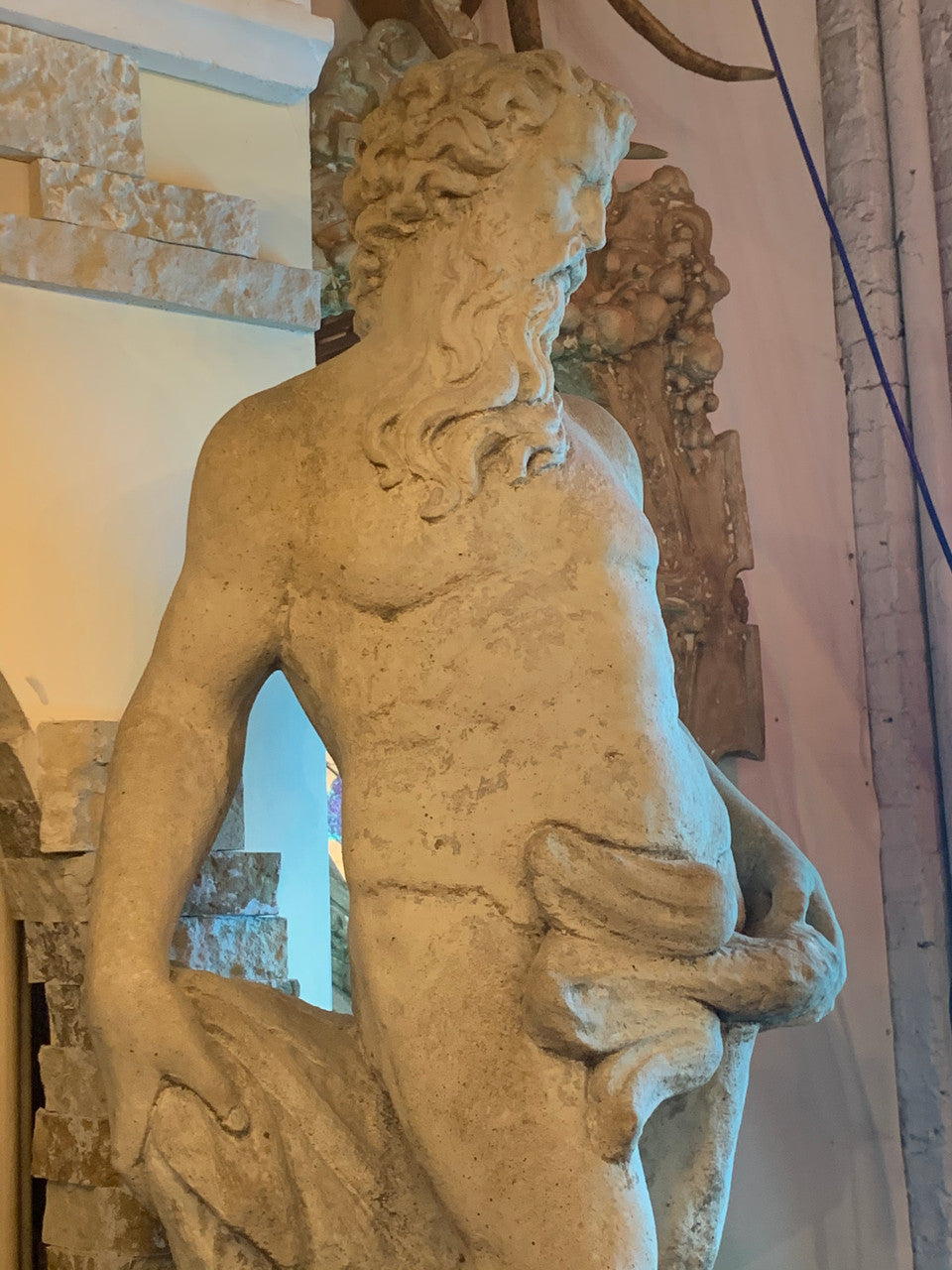 Antique Life Size Cement Garden Statue on Base Of Greek God Neptune