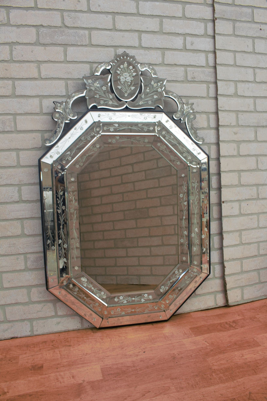 Hollywood Regency Ornate Venetian Glass Etched Wall Mirror