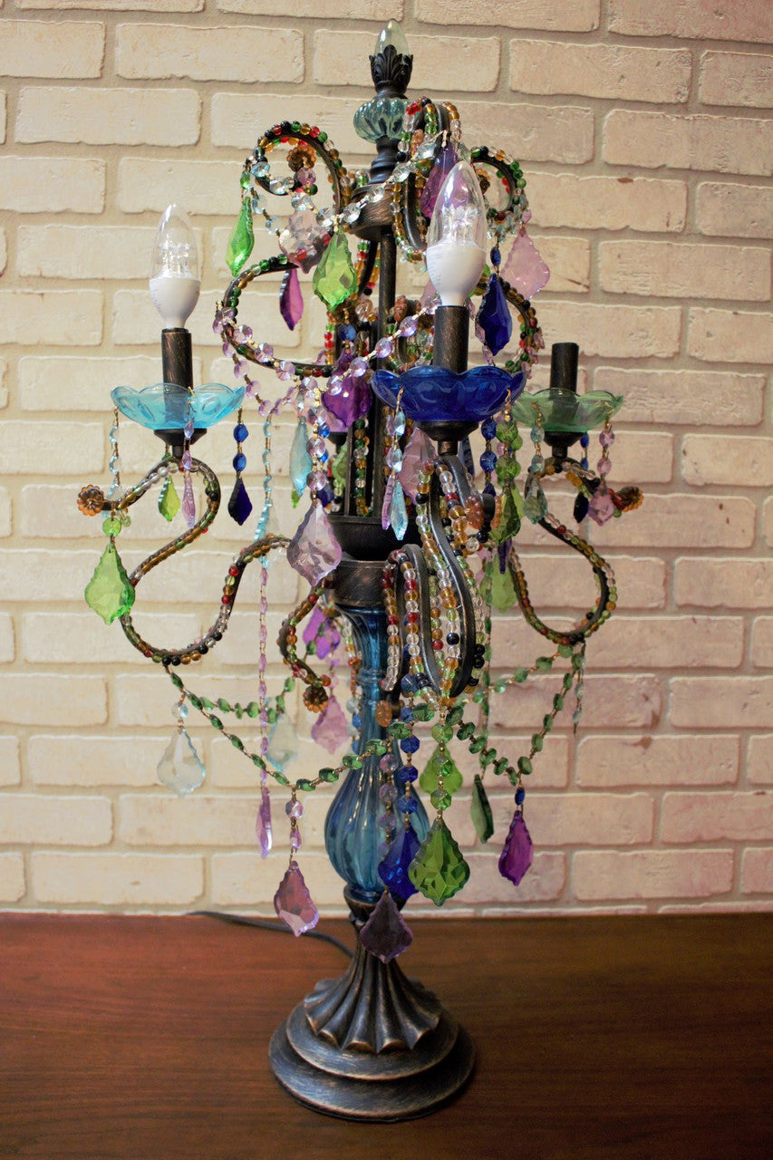Bohemian Multicolored Crystal Candelabra Table Lamp