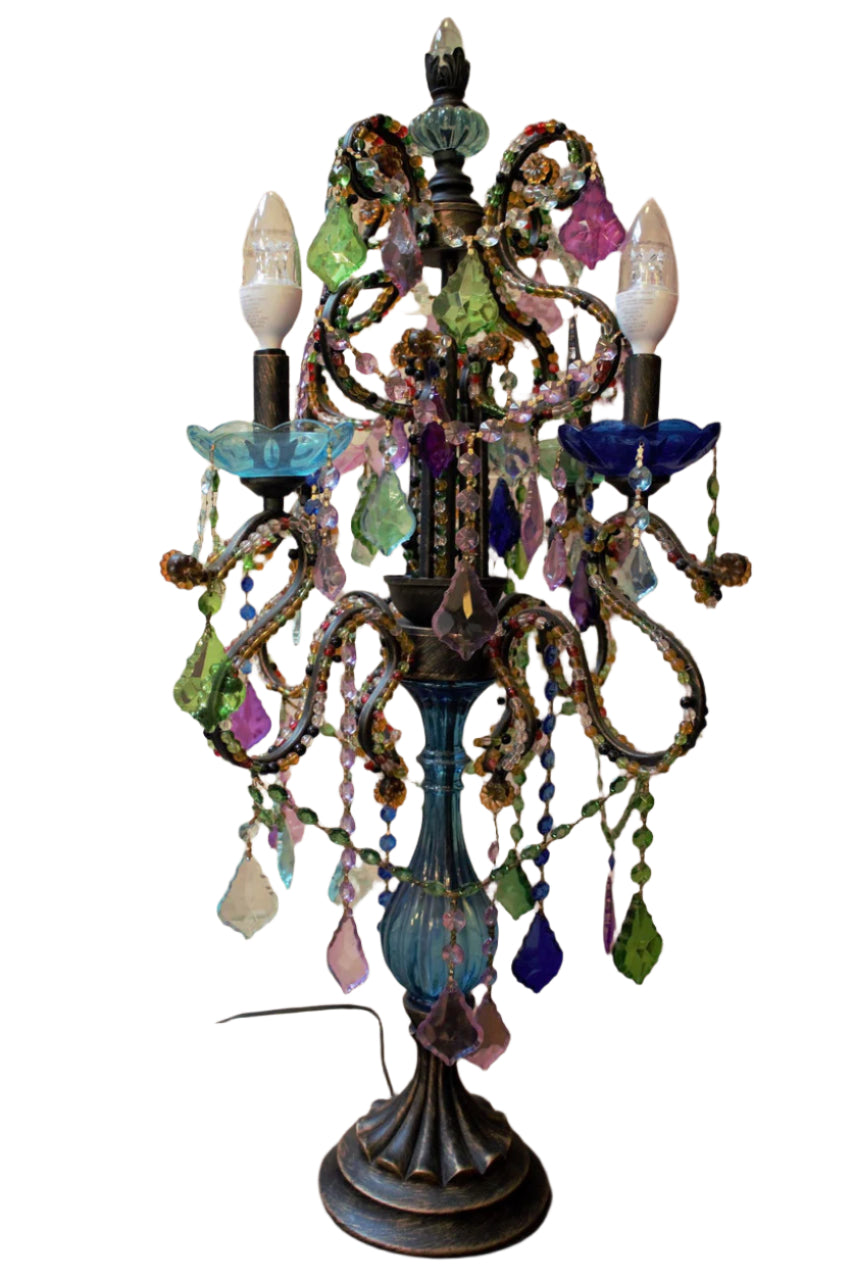 Bohemian Multicolored Crystal Candelabra Table Lamp