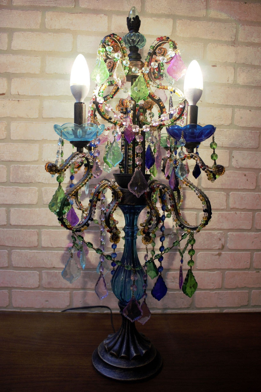 Bohemian Multicolored Crystal Candelabra Table Lamp